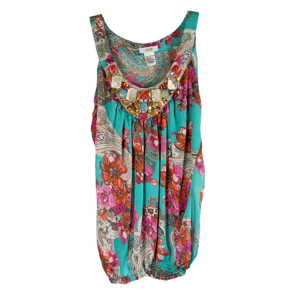 Cache Small‎ Top Green Red Beaded Stones Banded Cami Tank Sleeveless Chiffon 557 - Picture 1 of 9